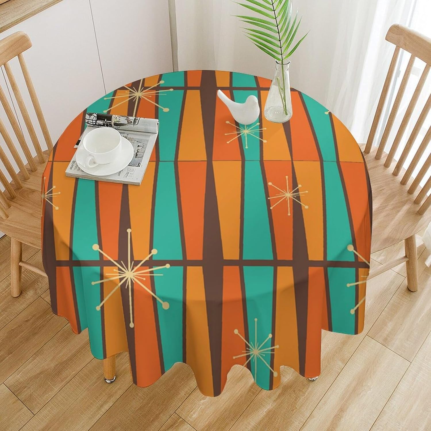 Century Textile & Sewing Supply Hours - Mid-Century Modern Orange-Gelbe Geometrie-Tischdecke, Retro Bunte
