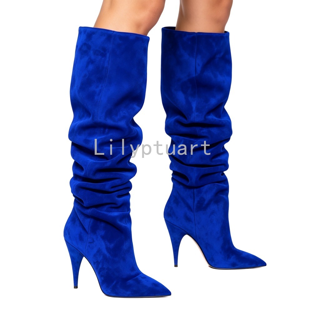 Sewing Fleece - Damen Blaue Wildleder Slouchy Overknee-Stiefel Spitze