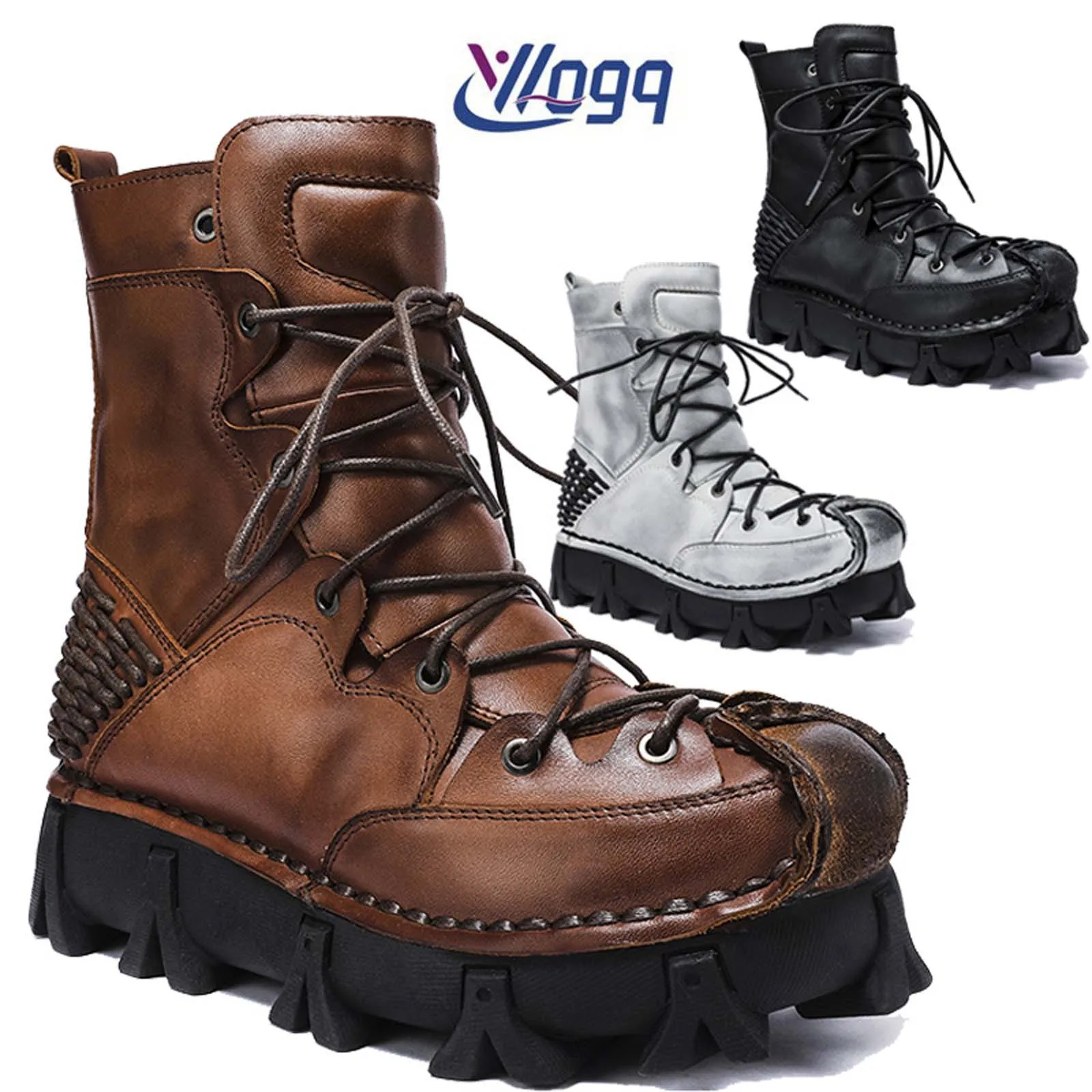 Sewing Knit - Modische Motorradstiefel aus echtem Leder, hochgeschnittene