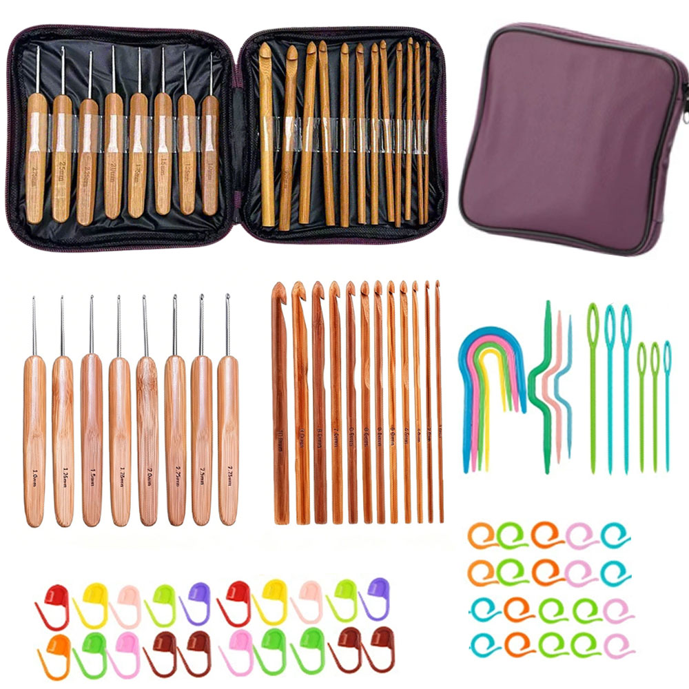 Sewing Knit - 74-teiliges Bambus-Häkelnadel-Set Garn-Webwerkzeuge mit Tragbarer Aufbewahrungstasche