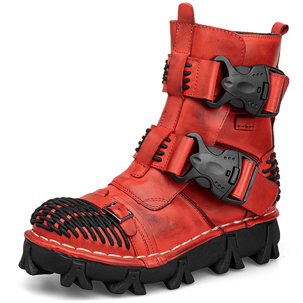 Sewing Latex - Herren-Motorradstiefel aus echtem Leder, Gothic-Schädel-Schnallenriemen, Punk,