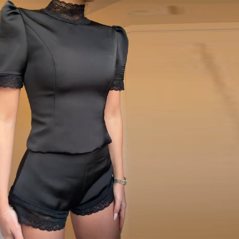 Shoulder Pad Set In - Neue Satin-Spitzenbesatz-Top-Sets für Damen Hochgeschlossene Gepolsterte